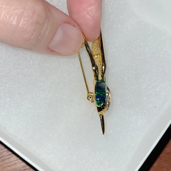 Hummingbird Brooch Green & Blue Enamel & Crystal Rhinestones Bird of Paradise 2" - Picture 7 of 8